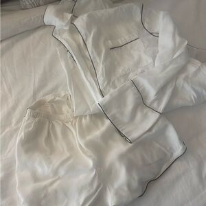 Silky White Pajama Set with Black Piping - Women's Sleepwear